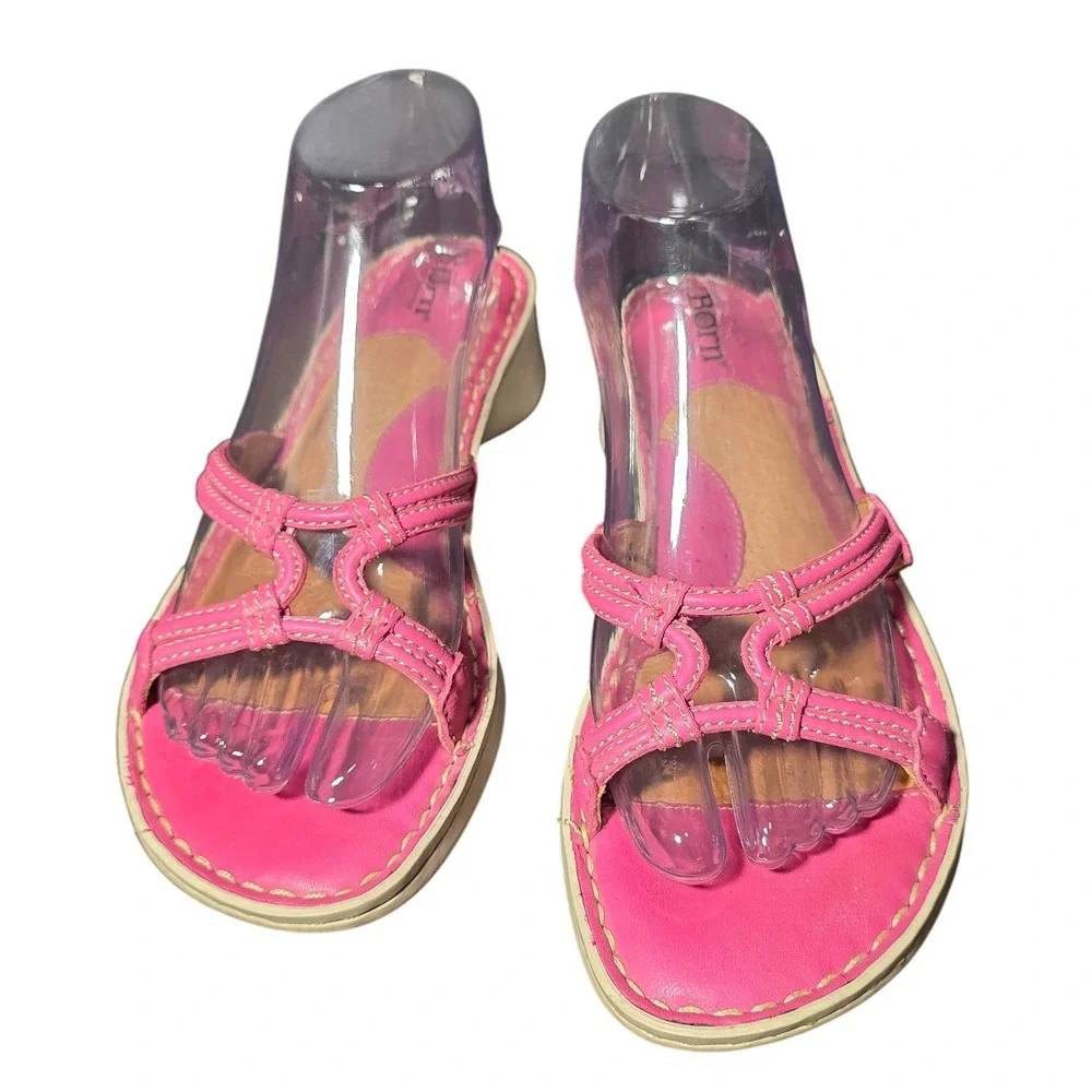 Born Pink Leather Strappy Slide Sandals Handcrafted Wedge Shoes M W0989 L3 8/39